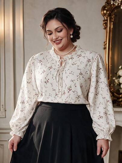 Rometta Plus Size Random Print Long Sleeve Tie Front Shirt Fall
