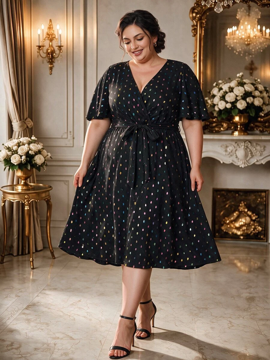 Rometta Plus Size Women Laser Sequin Waist Cinched Elegant Light Cocktail Dress - Black - View 1