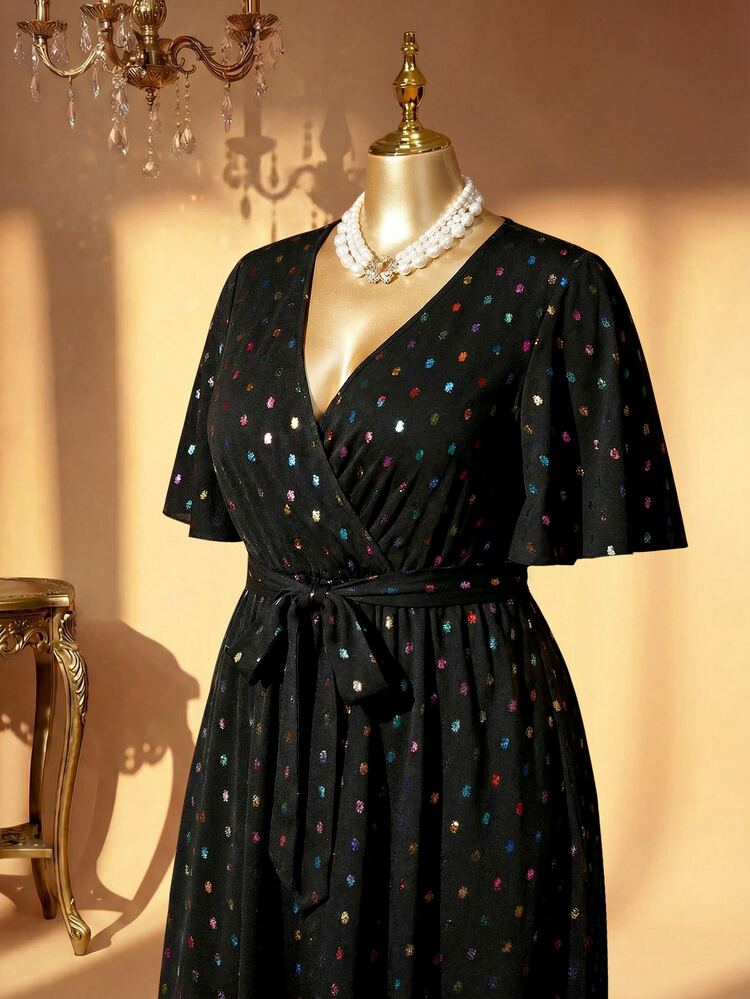 Rometta Plus Size Women Laser Sequin Waist Cinched Elegant Light Cocktail Dress - Black - View 9