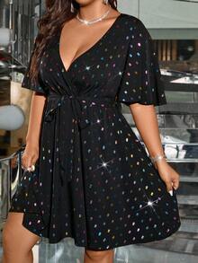 Rometta Plus Size Women Laser Sequin Waist Cinched Elegant Light Cocktail Dress - Black - View 7