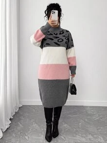 Elenzga Autumn/Winter Thick Plus Size Small Stand Collar Leopard Print Color Block Patchwork Knitted Dress, Waist-Cinched Slimming Mid-Length Sweater Dress - Multicolor - View 5