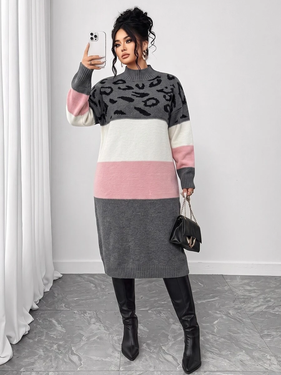 Elenzga Autumn/Winter Thick Plus Size Small Stand Collar Leopard Print Color Block Patchwork Knitted Dress, Waist-Cinched Slimming Mid-Length Sweater Dress - Multicolor - View 1