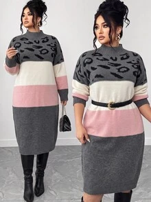 Elenzga Autumn/Winter Thick Plus Size Small Stand Collar Leopard Print Color Block Patchwork Knitted Dress, Waist-Cinched Slimming Mid-Length Sweater Dress - Multicolor - View 3