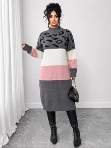 Elenzga Autumn/Winter Thick Plus Size Small Stand Collar Leopard Print Color Block Patchwork Knitted Dress, Waist-Cinched Slimming Mid-Length Sweater Dress - Multicolor - View 1