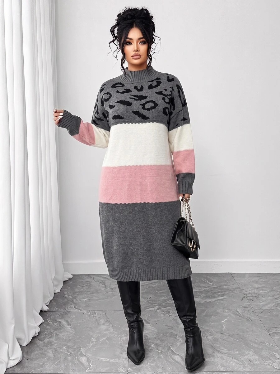 Elenzga Autumn/Winter Thick Plus Size Small Stand Collar Leopard Print Color Block Patchwork Knitted Dress, Waist-Cinched Slimming Mid-Length Sweater Dress - Multicolor - View 1