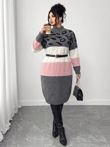 Elenzga Autumn/Winter Thick Plus Size Small Stand Collar Leopard Print Color Block Patchwork Knitted Dress, Waist-Cinched Slimming Mid-Length Sweater Dress - Multicolor - View 7