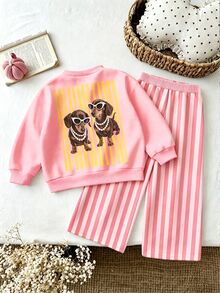 SHEIN Playful Pals 女嬰 2 件組卡通狗狗印花圓領衛衣與條紋長褲套裝，粉黃棕色可愛休閒嬰兒秋季套裝 - 彩色 - 查看 1