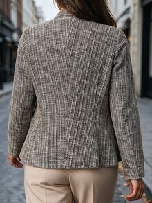 Linhara Plus Size Tweed Double-Breasted Grey Button Waist-Cinching Blazer For Commute And Office Formal Fall Elegant Smart - Gold - View 2