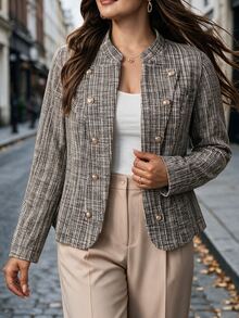 Linhara Plus Size Tweed Double-Breasted Grey Button Waist-Cinching Blazer For Commute And Office Formal Fall Elegant Smart - Gold - View 8
