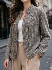 Linhara Plus Size Tweed Double-Breasted Grey Button Waist-Cinching Blazer For Commute And Office Formal Fall Elegant Smart - Gold - View 12