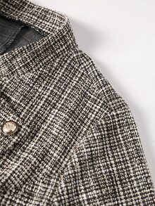 Linhara Plus Size Tweed Double-Breasted Grey Button Waist-Cinching Blazer For Commute And Office Formal Fall Elegant Smart - Gold - View 10