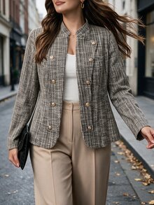 Linhara Plus Size Tweed Double-Breasted Grey Button Waist-Cinching Blazer For Commute And Office Formal Fall Elegant Smart - Gold - View 9
