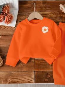 2pcs/Set Baby Girl Cute Floral Print Casual Crew Neck Long Sleeve Sweatshirt And Pants Set, Suitable For Autumn/Winter - Orange - View 5
