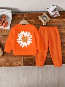 2pcs/Set Baby Girl Cute Floral Print Casual Crew Neck Long Sleeve Sweatshirt And Pants Set, Suitable For Autumn/Winter - Orange - View 3