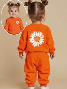 2pcs/Set Baby Girl Cute Floral Print Casual Crew Neck Long Sleeve Sweatshirt And Pants Set, Suitable For Autumn/Winter - Orange - View 2