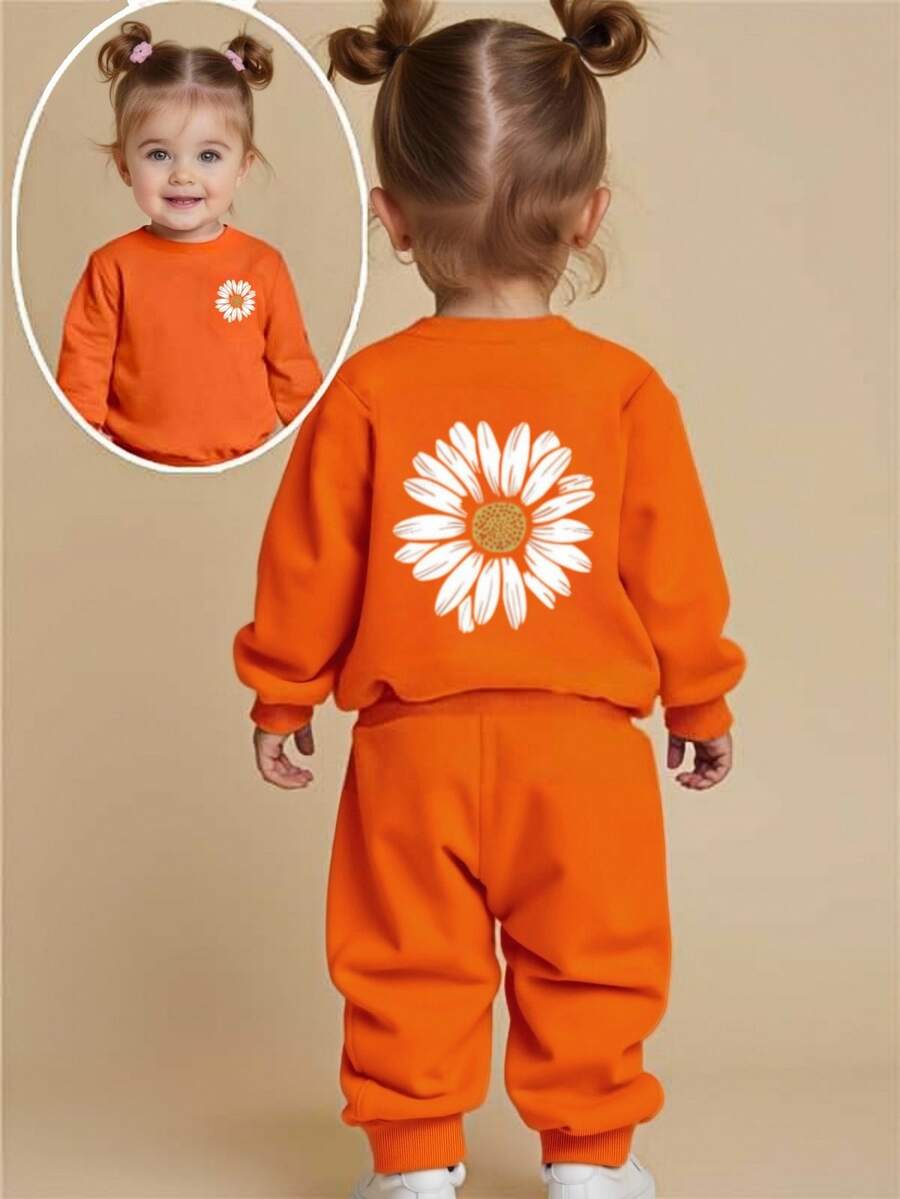 2pcs/Set Baby Girl Cute Floral Print Casual Crew Neck Long Sleeve Sweatshirt And Pants Set, Suitable For Autumn/Winter