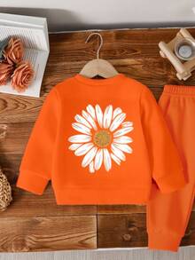 2pcs/Set Baby Girl Cute Floral Print Casual Crew Neck Long Sleeve Sweatshirt And Pants Set, Suitable For Autumn/Winter - Orange - View 6