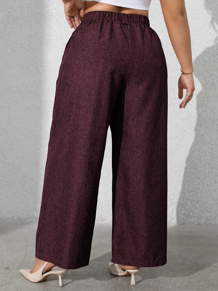 Vionelle Plus Size Women's High Waist Wide Leg Pants, Burgundy Summer Casual Decent Office Formal Formal Gym Suit Elegant Front Pocket Palazzo Teachers' Day - Burgundy - View 2
