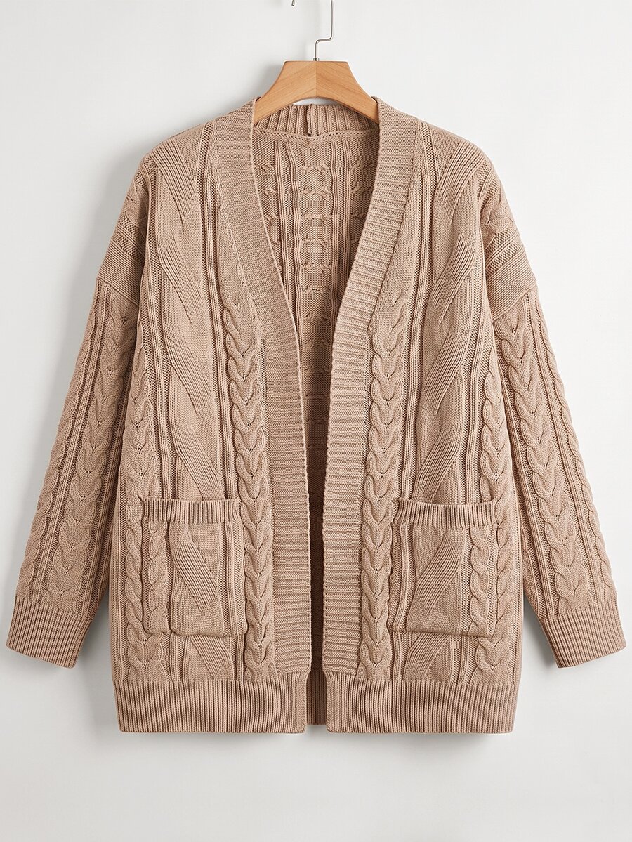 Linhara CURVE 2026 Autumn/Winter Plus Size Solid Color Vintage Cable Knit Cardigan Women Loose Fit With Pockets Lazy Thick Versatile Sweater Jacket - Khaki - View 1
