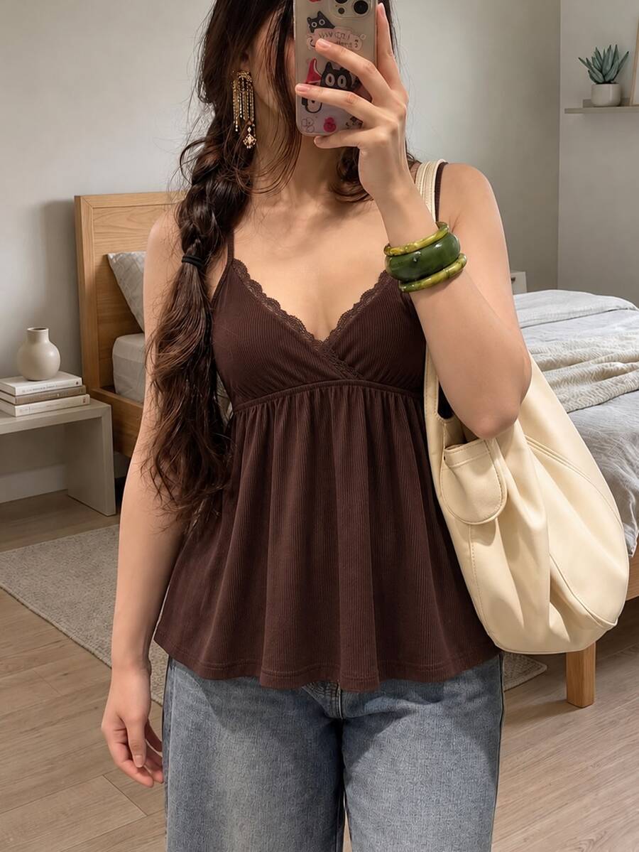 Collagica Collagica Women's Lace Ruffle Hem Sweetheart Neckline Camisole Top - Brown - View 1