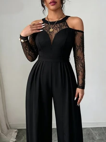 Modelyn Jumpsuit dự tiệc nữ big size tay dài trễ vai phối ren patchwork bèo nhún phong cách quyến rũ thanh lịch - màu đen - Xem 7