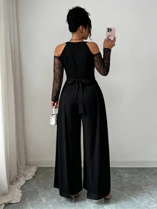 Modelyn Jumpsuit dự tiệc nữ big size tay dài trễ vai phối ren patchwork bèo nhún phong cách quyến rũ thanh lịch - màu đen - Xem 10