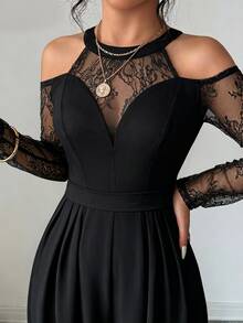Modelyn Jumpsuit dự tiệc nữ big size tay dài trễ vai phối ren patchwork bèo nhún phong cách quyến rũ thanh lịch - màu đen - Xem 5