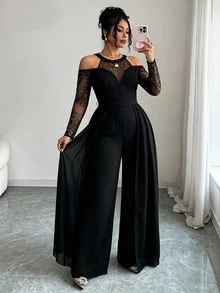 Modelyn Jumpsuit dự tiệc nữ big size tay dài trễ vai phối ren patchwork bèo nhún phong cách quyến rũ thanh lịch - màu đen - Xem 6