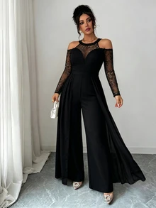 Modelyn Jumpsuit dự tiệc nữ big size tay dài trễ vai phối ren patchwork bèo nhún phong cách quyến rũ thanh lịch - màu đen - Xem 8