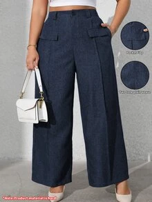 Vionelle Plus Size Women Solid Color Front Button Faux Pocket Casual Trousers Graduation, Back To School, Teacher For Women Winter Fall Autumn - Navy Blue - View 2