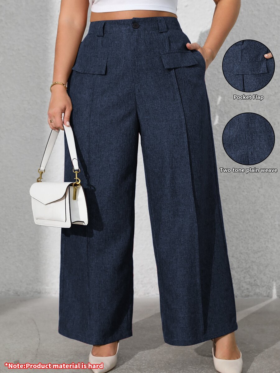 Vionelle Plus Size Women Solid Color Front Button Faux Pocket Casual Trousers Graduation, Back To School, Teacher For Women Winter Fall Autumn