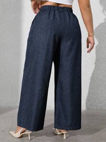 Vionelle Plus Size Women Solid Color Front Button Faux Pocket Casual Trousers Graduation, Back To School, Teacher For Women Winter Fall Autumn - Navy Blue - View 3