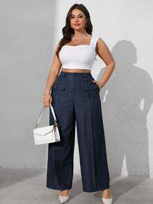 Vionelle Plus Size Women Solid Color Front Button Faux Pocket Casual Trousers Graduation, Back To School, Teacher For Women Winter Fall Autumn - Navy Blue - View 8