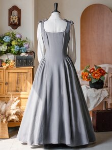Rometta 大尺碼 1920 年代復古優雅肩帶蝴蝶結裝飾洋裝，適合旅行、夏季早午餐派對，全白灰色 - 灰色 - 查看 4