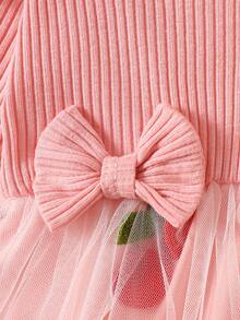 SHEIN 2pcs/Set Newborn Spring/Autumn Burgundy Sweet Princess Style Bow Lace Mesh Patchwork Long Sleeve Dress With Headband Set, Loose Comfortable Fit, Suitable For Daily Wear, Full Moon Banquet, 1st Birthday Party, Holiday Gathering, Photo Shoot - Pink - View 5
