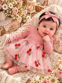 SHEIN 2pcs/Set Newborn Spring/Autumn Burgundy Sweet Princess Style Bow Lace Mesh Patchwork Long Sleeve Dress With Headband Set, Loose Comfortable Fit, Suitable For Daily Wear, Full Moon Banquet, 1st Birthday Party, Holiday Gathering, Photo Shoot - Pink - View 1