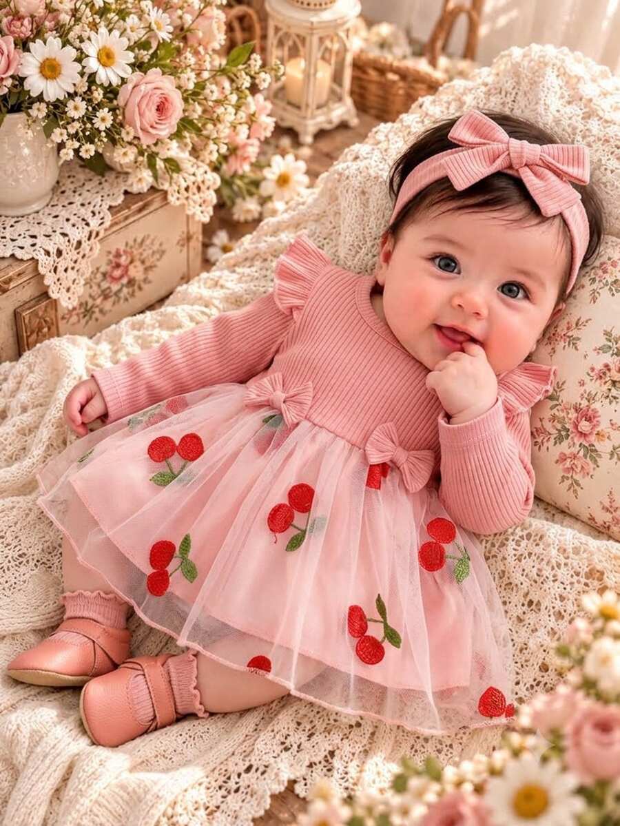 SHEIN 2pcs/Set Newborn Spring/Autumn Burgundy Sweet Princess Style Bow Lace Mesh Patchwork Long Sleeve Dress With Headband Set, Loose Comfortable Fit, Suitable For Daily Wear, Full Moon Banquet, 1st Birthday Party, Holiday Gathering, Photo Shoot - Pink - View 1