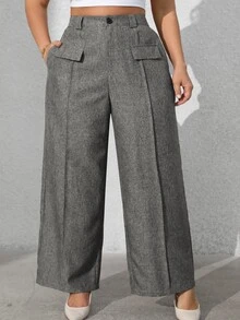 Vionelle Plus Size Women Solid Color Front Button Faux Pocket Casual Suit Pants Winter Fall Autumn - Dark Grey - View 5