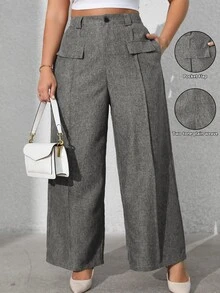 Vionelle Plus Size Women Solid Color Front Button Faux Pocket Casual Suit Pants Winter Fall Autumn - Dark Grey - View 1