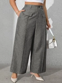 Vionelle Plus Size Women Solid Color Front Button Faux Pocket Casual Suit Pants Winter Fall Autumn - Dark Grey - View 6