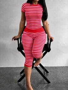 Dekonique Dekonique Women's Striped Colorblock Short Sleeve T-Shirt And 7/8 Length Leggings 2 Pieces Set - Multicolor - View 3