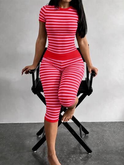 Dekonique Dekonique Women's Striped Colorblock Short Sleeve T-Shirt And 7/8 Length Leggings 2 Pieces Set