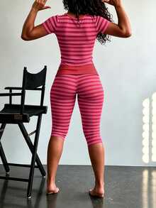Dekonique Dekonique Women's Striped Colorblock Short Sleeve T-Shirt And 7/8 Length Leggings 2 Pieces Set - Multicolor - View 2