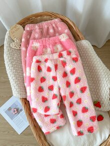 SHEIN 3件組幼女上衣褲子套裝 可愛甜美粉色草莓花朵波點 絨毛長袖圓領 加厚戶外冬季秋季聖誕毛茸茸 - 彩色 - 查看 5