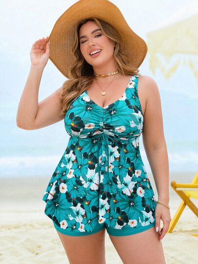 SHEIN Swim Curve Plus Size Women Floral Print Ruched Tankini And Shorts Swimsuit Set, Suitable For Summer Vacation And Beach Vacation Teal