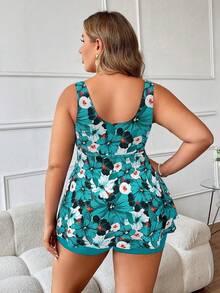 SHEIN Swim Curve Plus Size Women Floral Print Ruched Tankini And Shorts Swimsuit Set, Suitable For Summer Vacation And Beach Vacation Teal - Multicolor - View 2