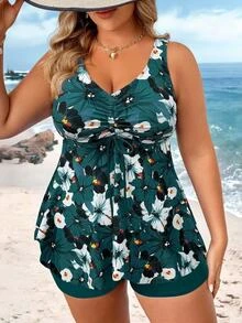 SHEIN Swim Curve Plus Size Women Summer Beach Tropical Plant Print Drawstring Bust Halter Bikini Dress Teal Tropical - Multicolor - View 6