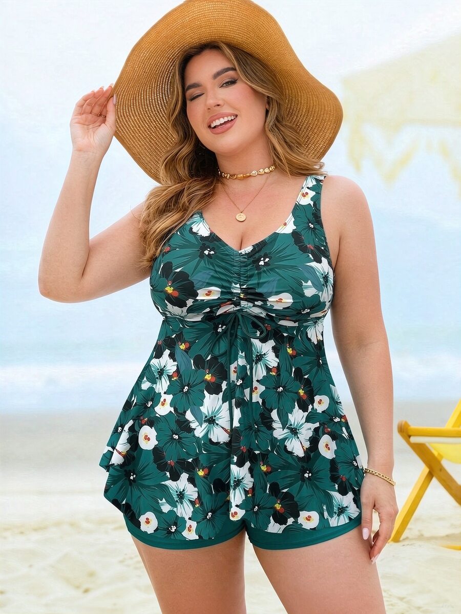 SHEIN Swim Curve Plus Size Women Summer Beach Tropical Plant Print Drawstring Bust Halter Bikini Dress Teal Tropical - Multicolor - View 1