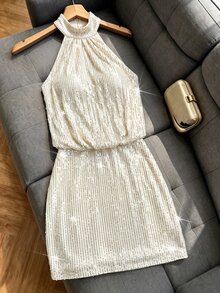 SHEIN Sexy Backless Deep V-Neck Ruched Sleeveless Chain Decor Tulle Crochet Mini Dress, Summer Club Wedding Elegant Sequin Bodycon Women Cream White - Champagne - View 5