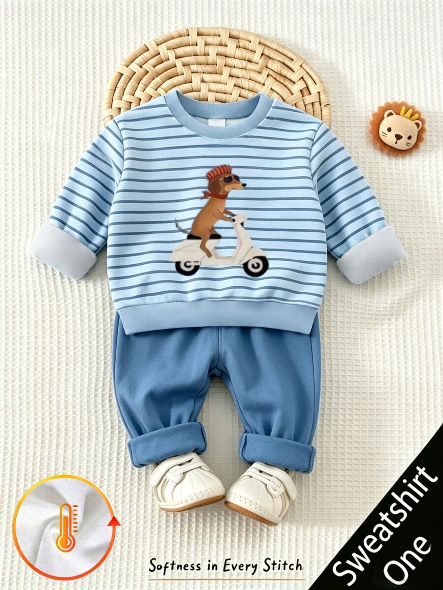 Baby Boys' Round-Neck Cute Dog And Cartoon Print Fleece Sweatshirt, Suitable For Fall, Festivals, Gift-Giving Matching Family Light Blue Sky Blue - Black - View 1